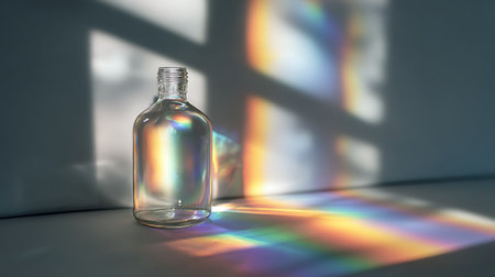 Transparent glass bottle on the windowsill. 3D rendering.の素材