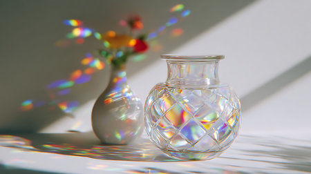 Glass vase with flowers on a white background in the sunlight.の素材