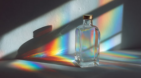 bottle of perfume on a white background with a rainbow in the sunlightの素材