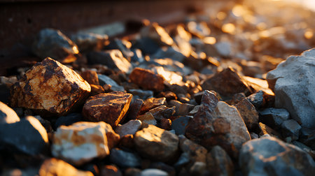 Pile of pebble stones at sunset. Shallow depth of field.の素材