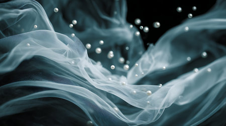 Beautiful transparent fabric with pearls on black background, closeupの素材