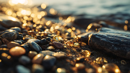 pebble stones on the beach at sunset, shallow depth of fieldの素材