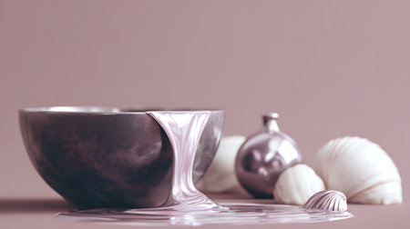 Spa still life with bowl and stones on a pink background.の素材