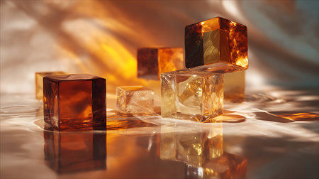 3d render of ice cubes on water surface with reflection and lightの素材