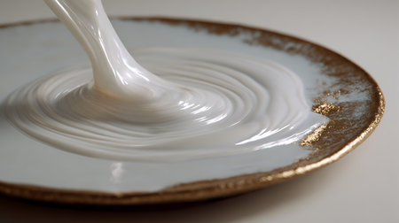 Pouring milk into a ceramic plate, close-up, selective focusの素材