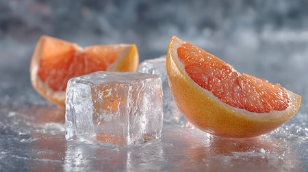 Grapefruit slices with ice cubes on gray background, closeupの素材