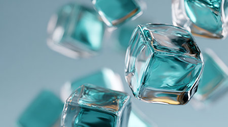Blue ice cubes on blue background. 3d render illustration with depth of fieldの素材