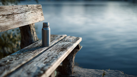 Water bottle on a wooden bench by the lake. Selective focus.の素材