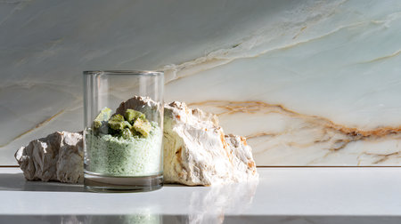 Green tea matcha latte in a glass on white marble backgroundの素材