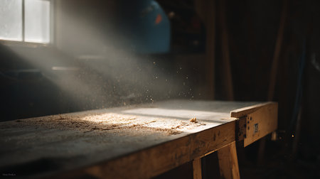 Carpenter working in his carpentry workshop. Woodworking concept.の素材