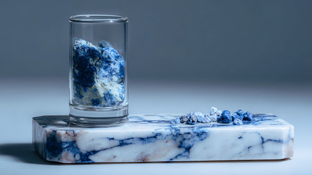 Blue stone in a glass on a white background. Studio shooting.の素材