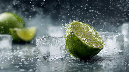 Sliced lime with ice cubes and water drops on dark backgroundの素材