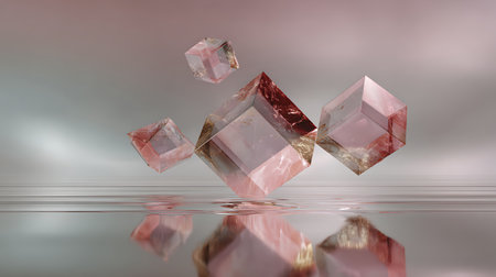 3d illustration of crystal cubes on water surface. Abstract background.の素材