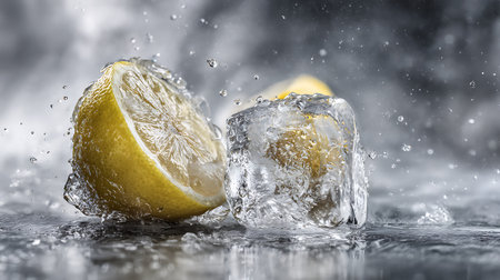 Lemon and ice cubes on a dark background with splashes of waterの素材
