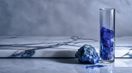 Blue crystals in a glass vase on a marble background with copy spaceの素材