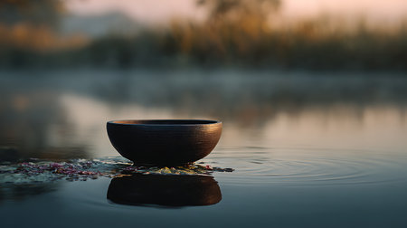 Wooden bowl with lotus petals floating on water at sunsetの素材