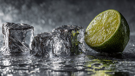 Ice cubes and lime on a dark background. Close-up.の素材