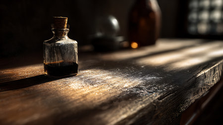 Old magic potion in a bottle on a wooden table. Selective focus.の素材