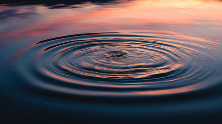 Water drop close up with ripples on the water surface at sunsetの素材