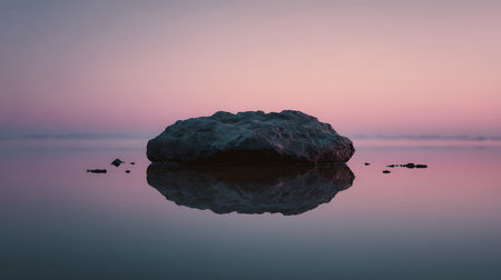 A stone in the water on the background of a beautiful sunset.の素材