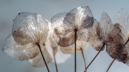Dried hydrangea flowers on a light background close upの素材