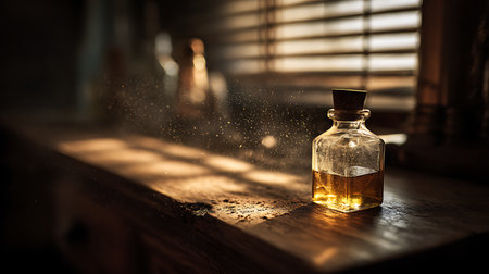 Aromatherapy concept. Essential oil in small glass bottle on wooden table. Selective focusの素材