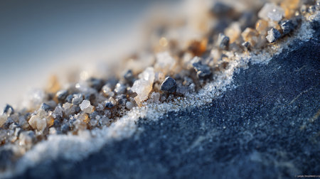 Close up of crystals of salt on the beach. Selective focus.の素材