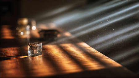 Ice cubes on a wooden table with rays of light from the windowの素材