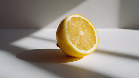 Sliced lemon on a white background with shadow from the sunの素材
