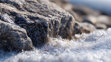 Close-up of snow on the rocks at the beach in the winterの素材
