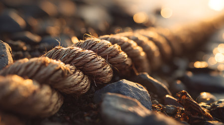 Rope on the seashore at sunset. Close up.の素材
