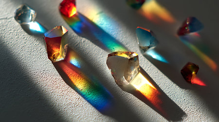 Multicolored crystals on a white background. Bright rays of the sun.の素材