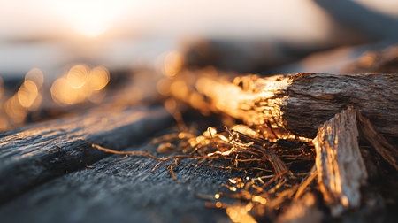 Close up of wooden sticks on the beach at sunset. Selective focus.の素材
