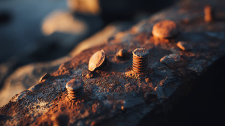 Rusty screws on the ground. Selective focus. Shallow depth of field.の素材