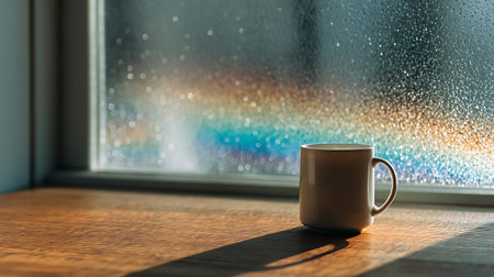 Cup of coffee on the background of a window with raindropsの素材