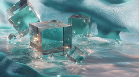 crystal cubes on blue silk background, 3d render illustration.の素材