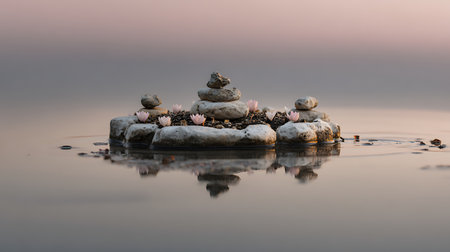 zen stones on the water in sunset light, meditation and relaxation conceptの素材