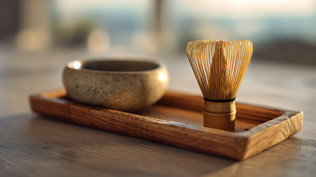 Wooden whisk and cup of tea on table in cafe, closeupの素材