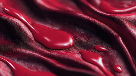 closeup of a drop of red nail polish on silk backgroundの素材