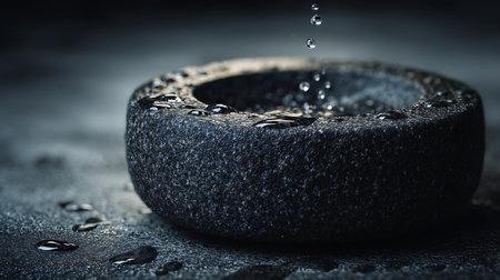 Natural stone mortar and pestle with drops of water on dark backgroundの素材