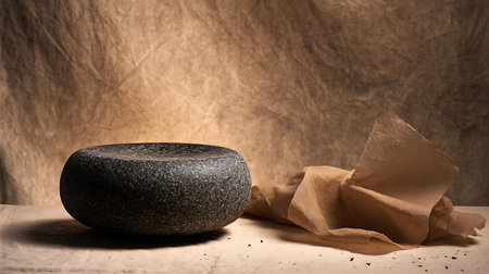Natural stone mortar and pestle with crumpled paper on brown backgroundの素材