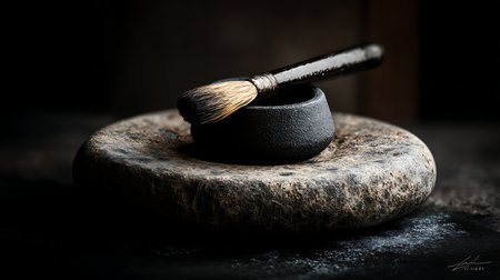 Makeup brush and powder on a stone. Selective focus.の素材