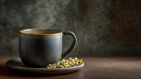 Cup of coffee with chamomile flowers on dark backgroundの素材