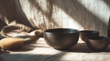 Handmade singing bowls on a linen tablecloth with a spongesの素材
