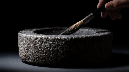 Stone mortar and pestle with hand holding brush on black background.の素材