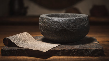Mortar and pestle on a wooden table. Dark background.の素材