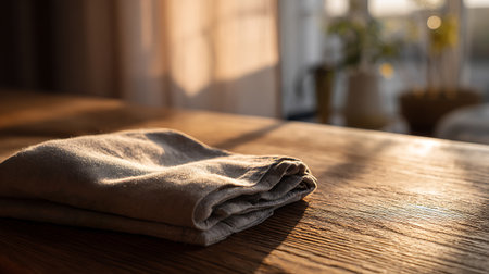 Folded towel on wooden table in sunlight, closeup. Cleaning service conceptの素材