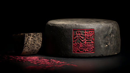 Chinese hieroglyphs on a stone on a black background.の素材