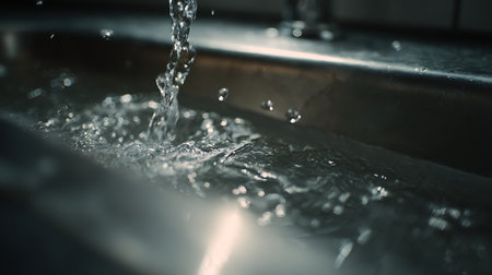 Water flowing from a tap in the kitchen. Shallow depth of field.の素材