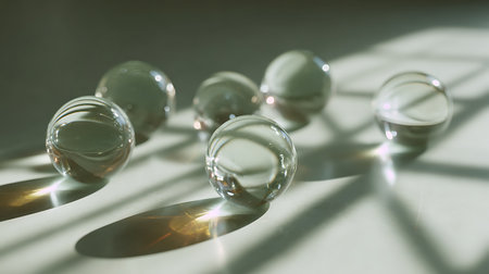Transparent glass balls on a white background with shadows and sunlight.の素材